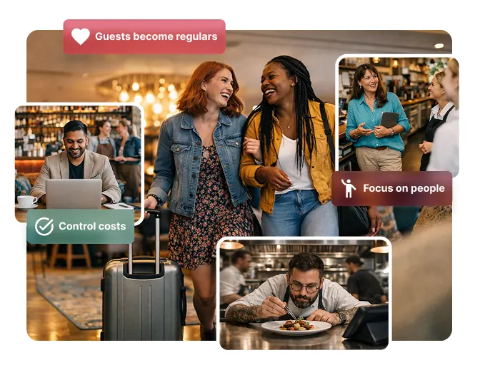 Collage of guests, travellers and kitchen staff in a hotel and restaurant setting