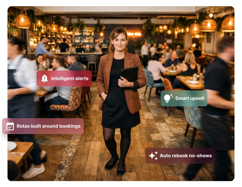 Restaurant manager standing in a busy dining room holding a tablet, with floating software feature chips