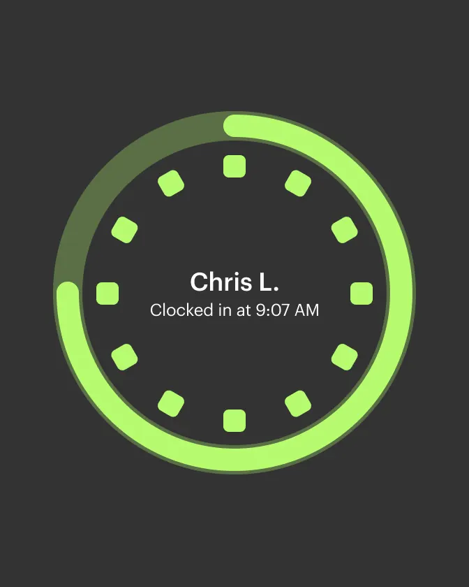Employee clock-in dial showing a clock-in time on a dark background