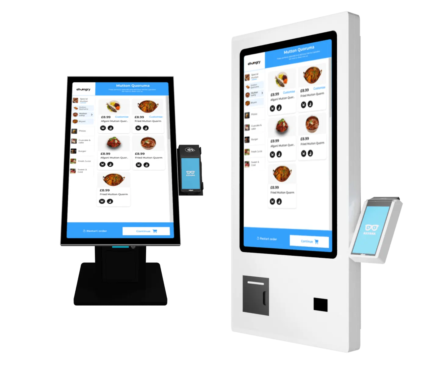 Two self-service ordering kiosks on a black background