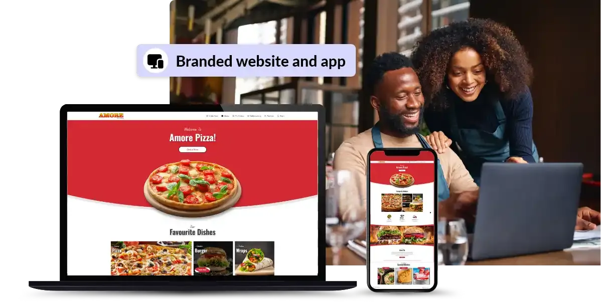Branded restaurant website and app shown on a laptop and phone