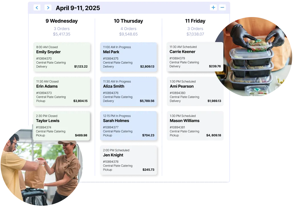 Catering order dashboard with a person handing over packed meals