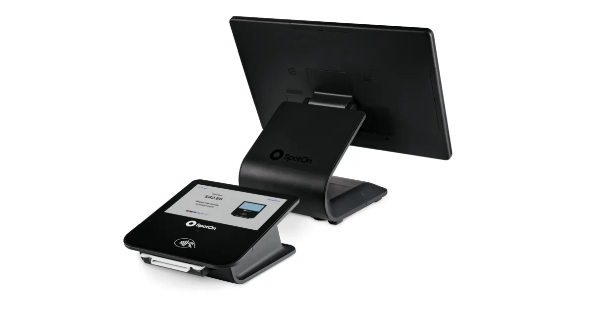 SpotOn countertop POS with a customer-facing card reader on a white background