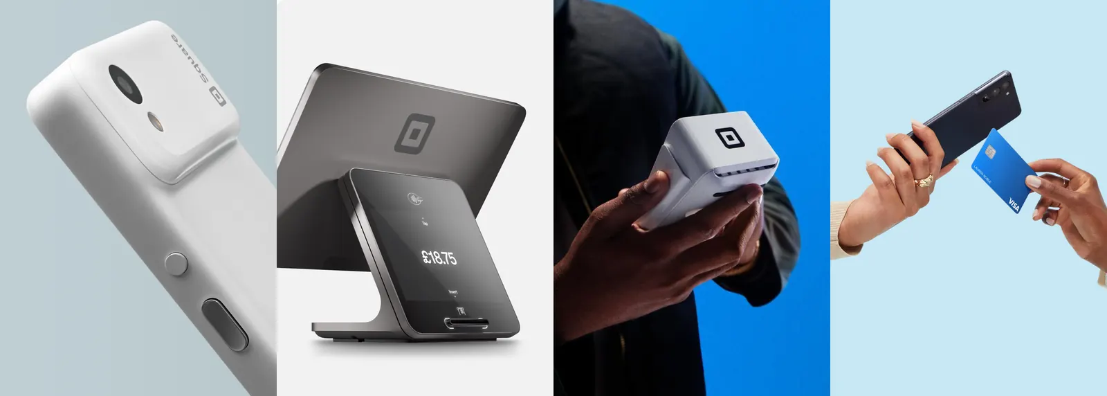 Square hardware devices shown side by side: a white handheld, a stand, and card readers